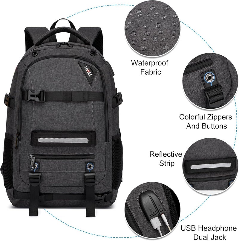 RUCYEN Skateboard Backpack, Laptop Backpack with USB Charging Port, RFID Anti-Theft Lock, Waterproof Fabric, Fits up to 15.6 Inch Laptop, for Business Travel Men(Dark Grey) - Image 4